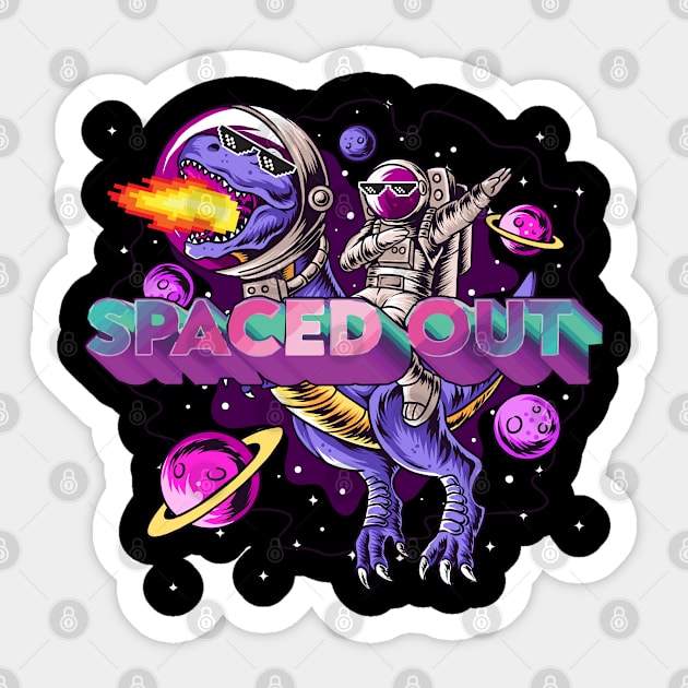 NASA astronaut riding purple Space Dinosaurus Rex amongst planets Sticker by BeckyS23